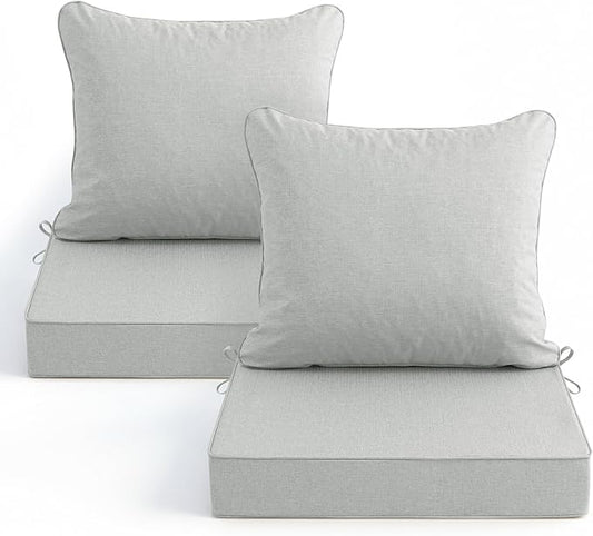 Summsun Patio Cushions for Outdoor Furniture, Faux Linen Water Resistant Backrest and Deep Seat Cushion Set with Non-Slip Bottom, Ties, Removable Cover, 22 x 22 Inch, Light Grey, Set of 2