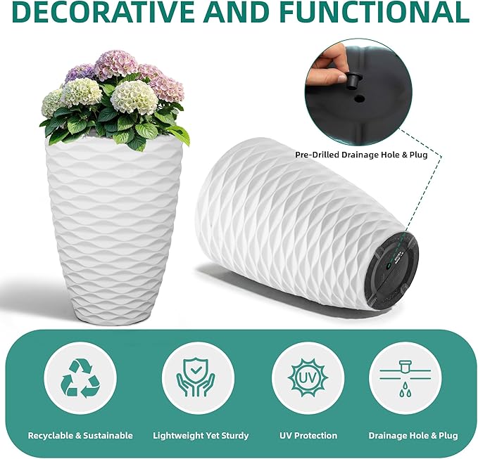 19" Resin Tall Outdoor Planters,Set of 2 Matte White Round Large Flower Plant Pot,Handmade Glossy Finish & Wave Texture, Weather-Resistant for Garden,Patio or Indoor, Porch Christmas Decor