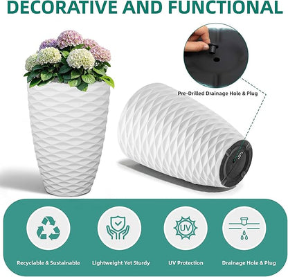 19" Resin Tall Outdoor Planters,Set of 2 Matte White Round Large Flower Plant Pot,Handmade Glossy Finish & Wave Texture, Weather-Resistant for Garden,Patio or Indoor, Porch Christmas Decor