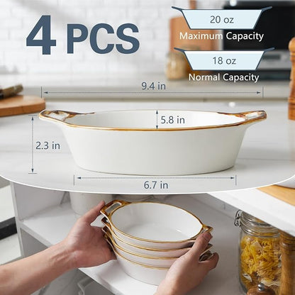ONEMORE Au Gratin Baking Dish Set of 4, Oval White Ceramic Mini Casserole Dishes with Brown Rim, Oven Safe, 20 oz 6x8 Inches, Ideal for Individual Serving, Lasagna, Quiche