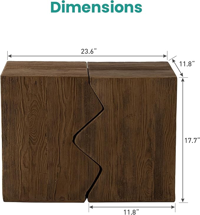 SUNBURY Concrete Side Table Set of 2, Outdoor Side Table Combine for Patio, Outdoor Accent Table Patio End Table in Woodgrain, Ceramic for Garden, Porch, Rectangular, Light Brown