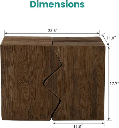 SUNBURY Concrete Side Table Set of 2, Outdoor Side Table Combine for Patio, Outdoor Accent Table Patio End Table in Woodgrain, Ceramic for Garden, Porch, Rectangular, Light Brown