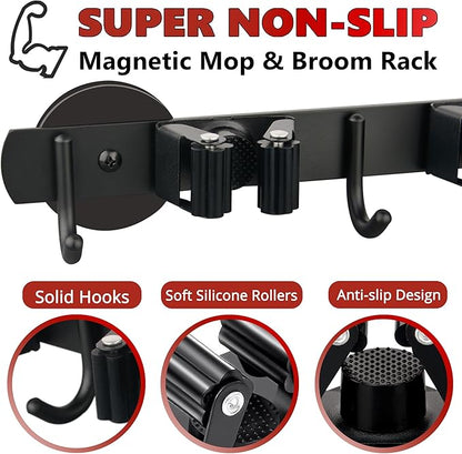 ULIBERMAGNET Magnetic Mop Broom Holder,Heavy Duty Movable Magnetic Broom Holder Rack,Anti-slip Wall Mounted Utility Storage Mop Shovel Hanger for Garage, Kitchen, Laundry, Garden(3 Racks / 4 Hooks)