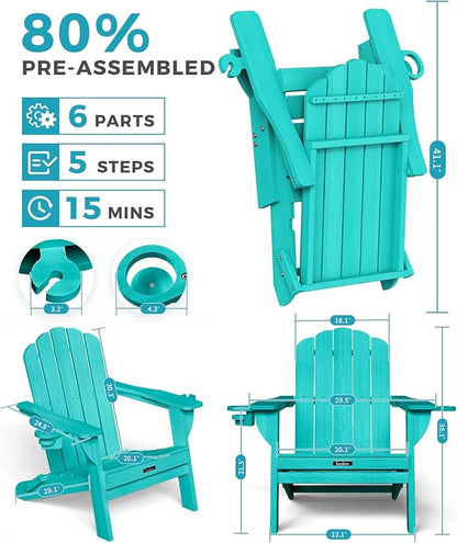 Folding Adirondack Chair,All-Weather HDPE Fire Pit Chair with 2 Cup Holders, Plastic Outdoor Chair for Patio Deck Garden Lawn, Lakeblue
