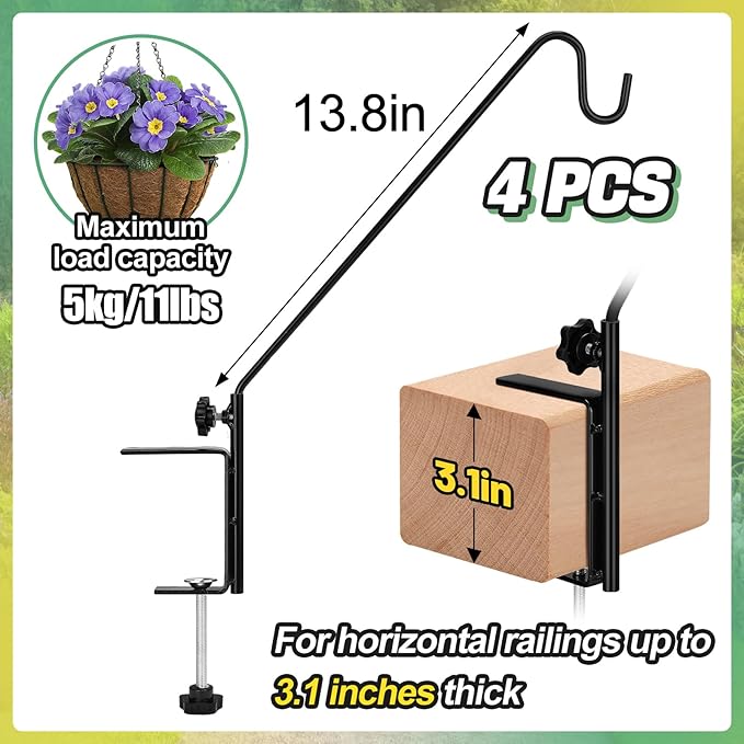 Biubee 4Pack Deck Bird Feeder Hanger for Railing- Heavy Duty Steel Stable Deck Railing Plant Hanger Outdoor, with Adjustable 3.1" Clamp, Deck Hook for Bird Feeder Plant Hangers Lanterns, 13.8 Inches