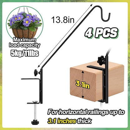 Biubee 4Pack Deck Bird Feeder Hanger for Railing- Heavy Duty Steel Stable Deck Railing Plant Hanger Outdoor, with Adjustable 3.1" Clamp, Deck Hook for Bird Feeder Plant Hangers Lanterns, 13.8 Inches