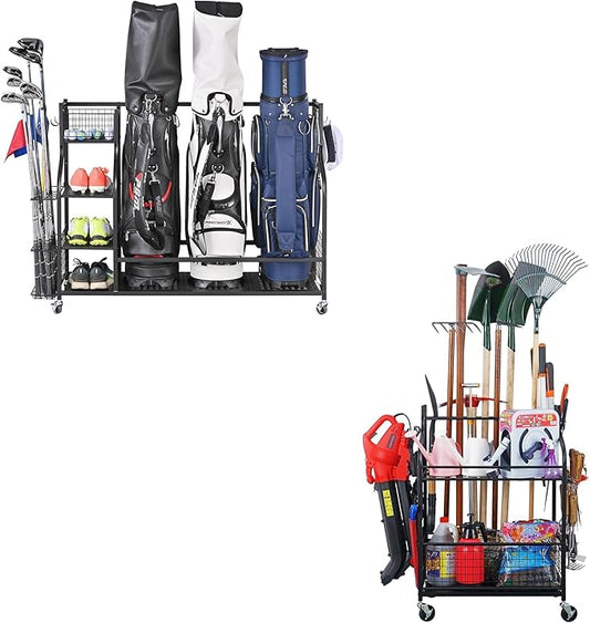Mythinglogic 3 Golf Bags Storage Organizer-Extra Large Size Fits 3 Full Size Golf Bags,Garden Tool Organizer for Garage-Yard Tool Racks with Wheels