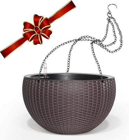 Dexceder 13.5 Inch Large Self Watering Hanging Planters Indoor Outdoor, Thickened Hanging Basket Flower Plant Pot with Water Level Indicator (Brown)