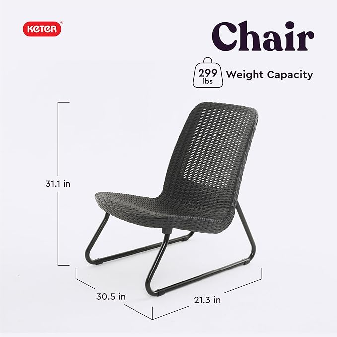 Keter Rio 3 Piece Resin Wicker Patio Furniture Set with Side Table and Outdoor Chairs for Front Porch and Backyard Decor, Dark Grey