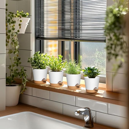 WSMKSZ 4 inch Self Watering Pots for Indoor Outdoor Plants, 6 Pack Plastic Flower Planters with Drainage Holes and Removable Saucers, Plant Pots with Wicking Rope, Modern Decor, White Brown
