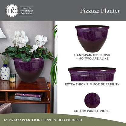 The HC Companies 16 Inch Pizzazz Round Planter Pots with Ceramic Look, Lightweight UV-Resistant Plastic Indoor & Outdoor Planters, 2-Pack Flower Pots for Garden & Home Decor, Purple Violet