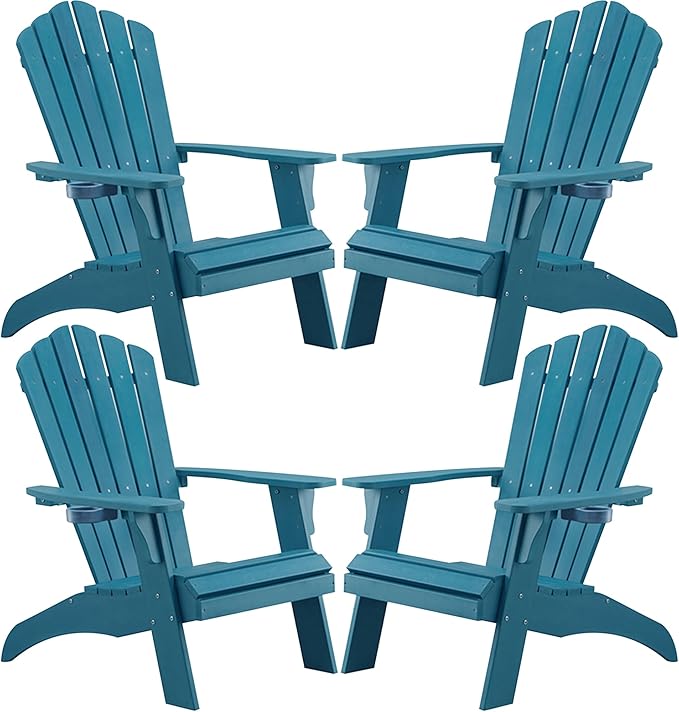 Psilvam Adirondack Chair, Oversized Poly Lumber Fire Pit Chair with Cup Holder, 350Lbs Support Patio Chairs for Garden, Weather Resistant Outdoors Seating, Relaxing Gift for Father & Mother (4, Blue)