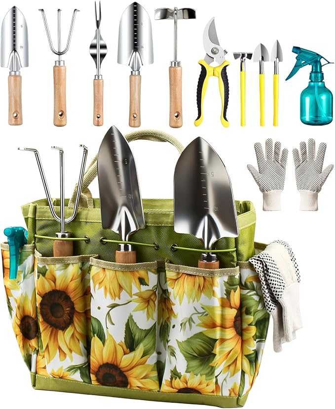 Garden Tools Set 12PCS, MOSFiATA Gardening Kit with Organizer Bag, Heavy Duty Soil Shovel, Transplant Trowel, Weeder, Hand rake, Ideal Gardening Gifts