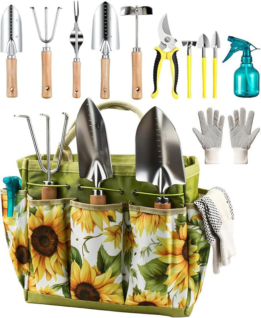 Garden Tools Set 12PCS, MOSFiATA Gardening Kit with Organizer Bag, Heavy Duty Soil Shovel, Transplant Trowel, Weeder, Hand rake, Ideal Gardening Gifts