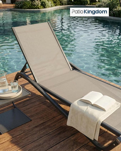 3-Piece Patio Chaise Lounge Set with Side Table, Set of 2 Adjustable Pool Chairs and Aluminum Bistro Table, All-Weather Outdoor Furniture for Pool Deck, Patio & Tanning, Beige
