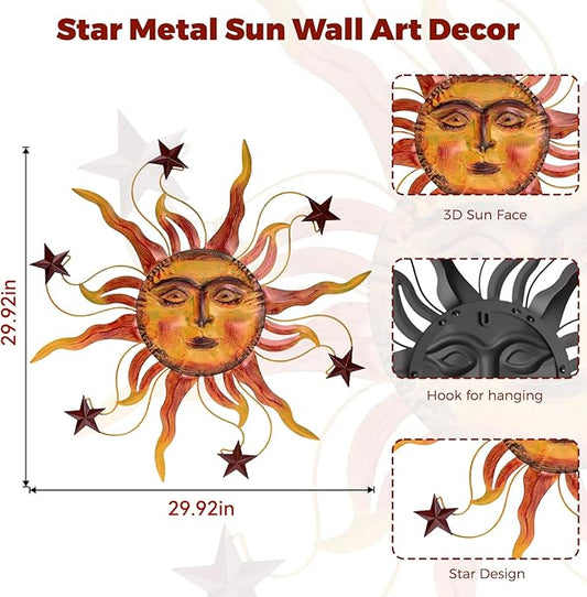 VESTCDF Metal Wall Art Decor Outdoor 30 inch Sun Wall Hanging Decoration for Graden 3D Sun Face Metal Wall for Living Room Garden Yard Patio(Star)