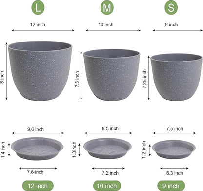 12/10/9 Large Modern Plant Pots, Plastic Planters with Drainage Holes and Saucers for Indoor Outdoor Plants Flowers, Grey Speckles