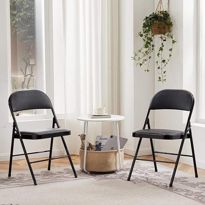 DUMOS 10 Pack Leather Padded Folding Chair, Indoor Outdoor Portable Stackable Commercial Seat with Steel Frame, Capacity for Home, Office, Party, Comfy, Black