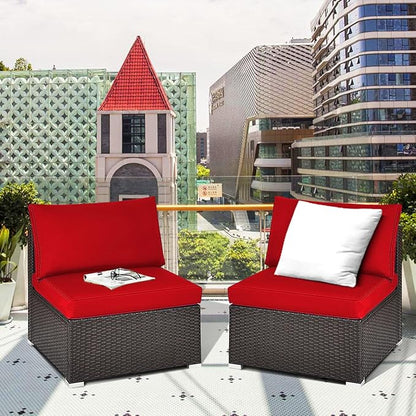 COSTWAY 2PCS PE Rattan Armless Sofa, Wicker Patio Conversation Set Chairs with Soft Cushion, Outdoor Sectional Furniture for Yard, Poolside (Red)