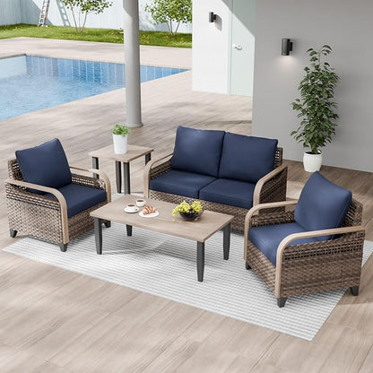 Modern Wicker Patio Furniture Set, Rattan Outdoor Conversation Set with Comfortable Cushions, 2 Patio Chairs, 2 Seat Loveseat, Coffee Table and Side Table, 5 Pieces, Brown/Blue