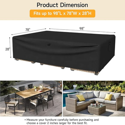 ONBRILL Patio Furniture Set Covers, 98 × 78 × 28 inch Outdoor Furniture Set Covers Waterproof, 600D Heavy Duty Oxford Patio Table Cover with Windproof Buckles for Patio Table and Chair Set, Black