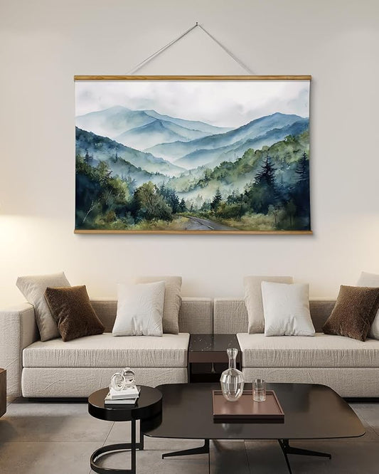ARPEOTCY Extra Large Vintage Framed Wall Art, 36x54 Inch Watercolor Blue Ridge Mountains Forest Landscape Hanging Framed Canvas Print Art for Living Room Bedroom, Farmhouse Above Bed Wall Decor
