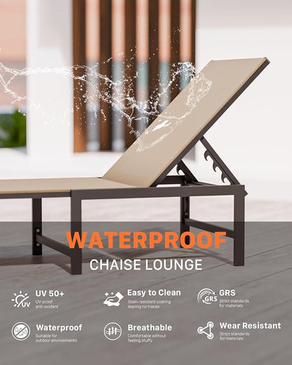 Chaise Lounge Chair Outdoor,Aluminum Patio Lounge Chairs Set of 2, Adjustable 5-Position Recliner and Full Flat Tanning Chair with Pillow for Pool, Outside,Beach,Khaki