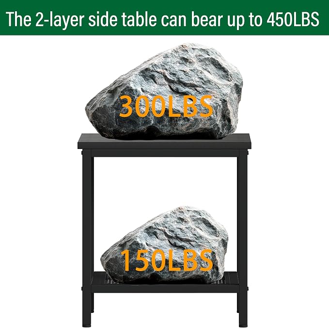 Rectangular Outdoor Side Table with Storage, 2-Tier Patio End Table Weather Resistant, Black Outdoor Accent Table, Small Porch Tables for Pool, Deck, Garden (Black 2PC)