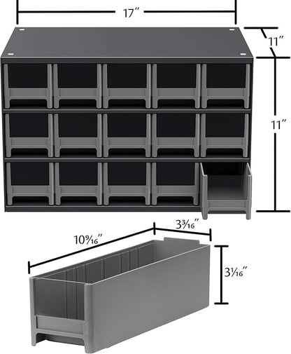 Akro-Mils Steel Garage Storage Cabinet, Small Parts Organizer Metal Cabinet for Hardware, Nails, Screws, Bolts, Nuts, and More, 17" W x 11" D x 11" H, 15-Drawer, Gray Cabinet/Black Drawers (19715)