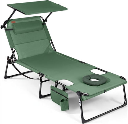 Tanning Chair with Face Hole & Canopy, 28'' Extra Wide, Green | Folding Chaise Lounge Chair with 4-Position Adjustable Backrest for Beach, Pool, Patio & Camping