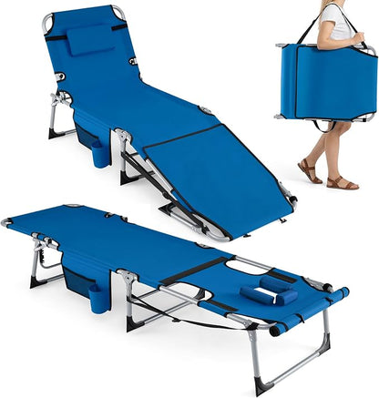 Giantex 2-Pack Tanning Chair with 5 Adjustable Position, Face & Arm Hole, Hand/Shoulder Strap, Removable Pillow, Side Pocket, 330 Lbs Capacity, Lounge Chair Outdoor for Beach, Sunbathing, Blue