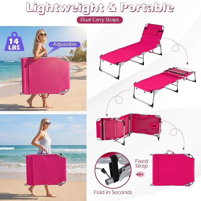 GYMAX Tanning Chair, 3 in 1 Sun Bathing Lounge Chairs with Face/Arm Holes & Side Pocket, Portable Lightweight Face Down Layout Tanning Chair for Outside, Beach, Backyard, Poolside (1, Pink)