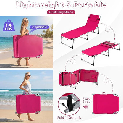 GYMAX Tanning Chair, 330LBS Beach Lounge with Face Arm Hole & Hand Shoulder Strap, Folding Layout Sunbathing Chair, Face Down Outdoor Chaise Lounger for Patio, Poolside, Lawn, Backyard (1, Pink)