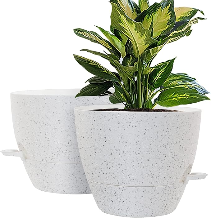 WOUSIWER 10 inch Self Watering Planters, 2 Pack Large Plastic Plant Pots with Deep Reservior and High Drainage Holes for Indoor Outdoor Plants and Flowers, Speckled White
