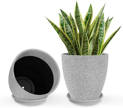 GameXcel Flower Pot Indoor - Outdoor Plant Pot - Gray Rough Planter - Elegant Stone Imitation - 12" Diameter 12" Tall with Drainage Holes and Saucer 2 Pack