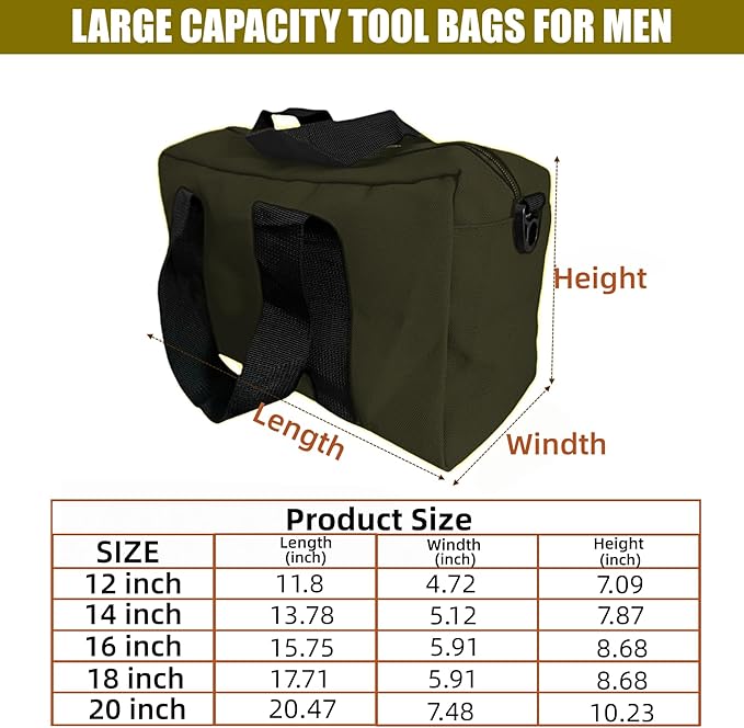 BLIRITEL Wide Mouth Tool Bag, Heavy Duty Canvas Tool Storage Bag, Large Capacity Handbag, Multi-function Tool Organizer Tote Bag for Storage Wrenches Pliers (Army Green, 18 Inch)