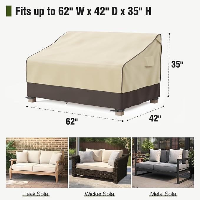 MR.COVER Outdoor Couch Cover Waterproof, Patio Furniture Covers for 2-Seater Couch, Heavy Duty Patio Couch Sofa Covers, Fits up to 62"W x 42"D x 35"H, Moisture-Proof & UV-Protection, Brown & Khaki