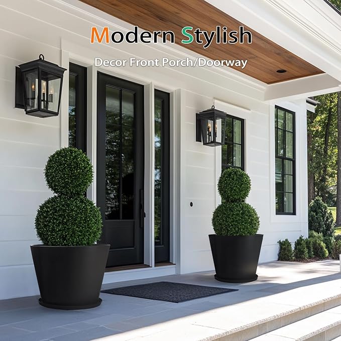 Wide Planters for Outdoor Plants, Extra Large Indoor Flower Pots for Garden, Front Porch, Patio - Round Resin Planter Set of 2 (Black, 16 inch - 2 Pack with Saucers)