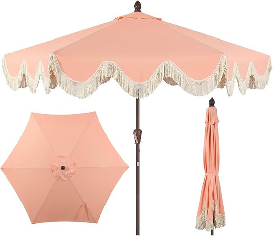 JONATHAN Y UMB1001 Collins 9 ft. Classic Cottage Tassel Market Patio Umbrella with Auto-Tilt, Crank, Wind Vent and UV Protection