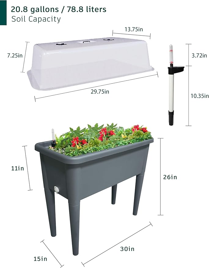 FENCETECH 20.8 Gallon Self Watering Raised Garden Bed with Greenhouse Cover, 30" x 25.6" x 15" Plastic Plant Box with Legs and Drainage Plug, Grey