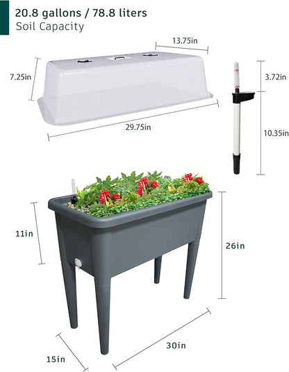 FENCETECH 20.8 Gallon Self Watering Raised Garden Bed with Greenhouse Cover, 30" x 25.6" x 15" Plastic Plant Box with Legs and Drainage Plug, Grey