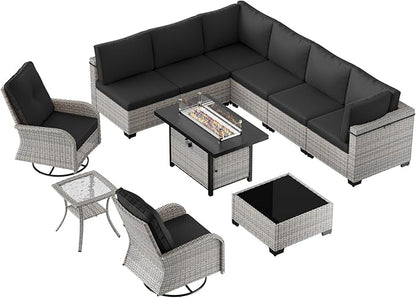 11-Piece Patio Furniture Set, Outdoor Patio Furniture with 55,000 BTU Fire Pit Table, Swivel Chairs Set, Thick Cushions, Modular Patio Sofa, Dual-Strand Wicker Rattan, Rust-Resistant Frame, Black