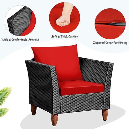 COSTWAY 3 Pieces Patio Rattan Furniture Set, Outdoor Wicker Conversation Chairs Set with Acacia Wood Coffee Table & Washable Cushion, Porch Furniture Bistro Set for Balcony, Garden, Backyard, Red