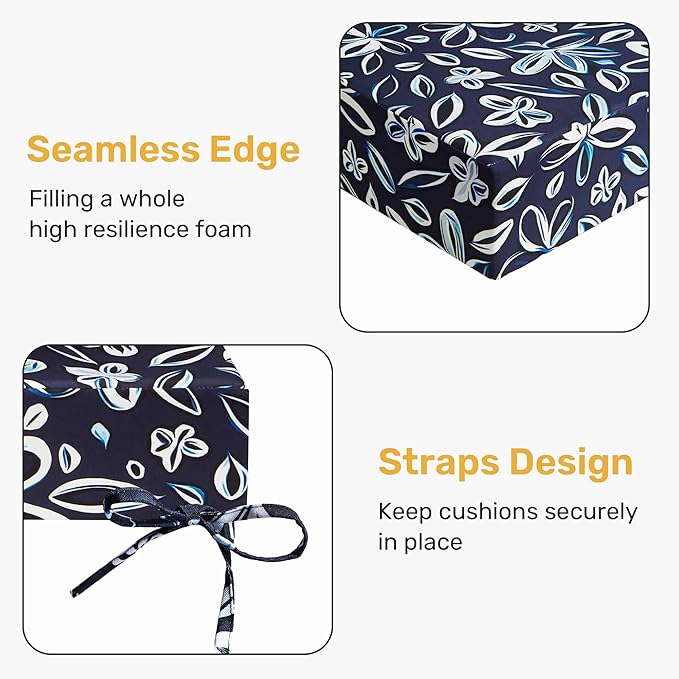 UNIKOME Outdoor Chair Cushions Pack of 4, Water Resistant Patio Cushions with Ties, High Density Sponge Filling Square Corner Seat Cushions for Outdoor Furniture, 19"*19"*3", Navy/White