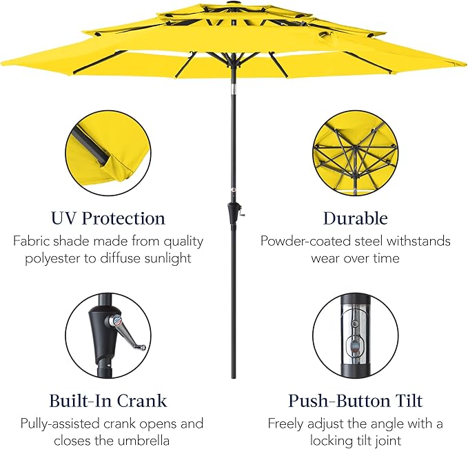 Best Choice Products 10ft 3-Tier Market Patio Umbrella, Outdoor Sun Shade with Tilt, Crank Lift, 8 Ribs for Backyard, Deck, Poolside – Yellow