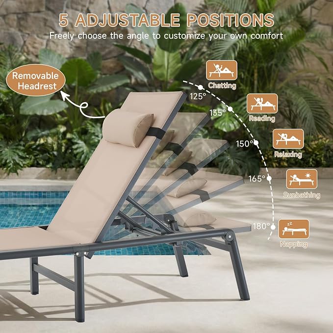 ONBRILL 2 PCS Chaise Lounge Chair Outdoor, Foldable & Assembly Free Outdoor Lounge Chair with 5 Position Adjustable Backrest, Aluminum Pool Lounge Chairs for Outside Poolside Patio Beach Lawn, Khaki