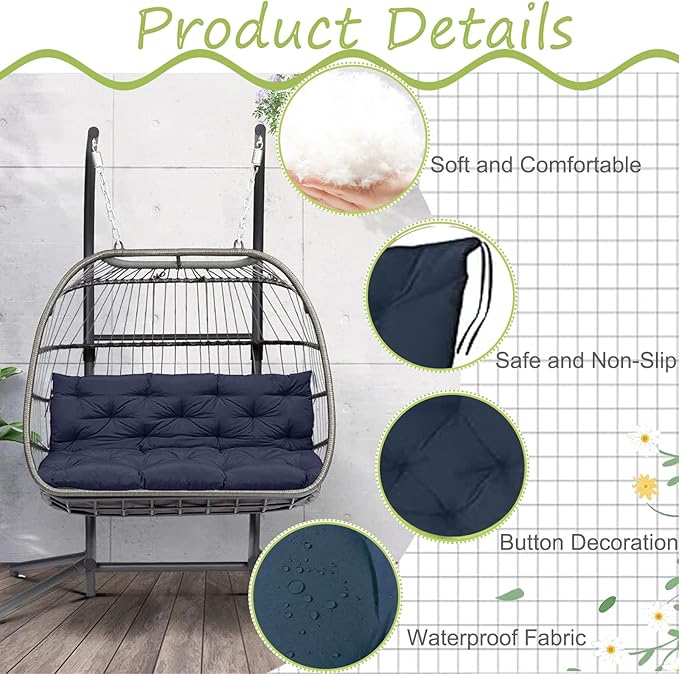 Swing Replacement Cushions with Backrest, 2 or 3 Seater Waterproof Non-Slip Overstuffed Swing Pad, Indoor/Outdoor Bench Cushion for Porch Chair Swings Garden Furniture (Navy blue, 40 * 71 in)