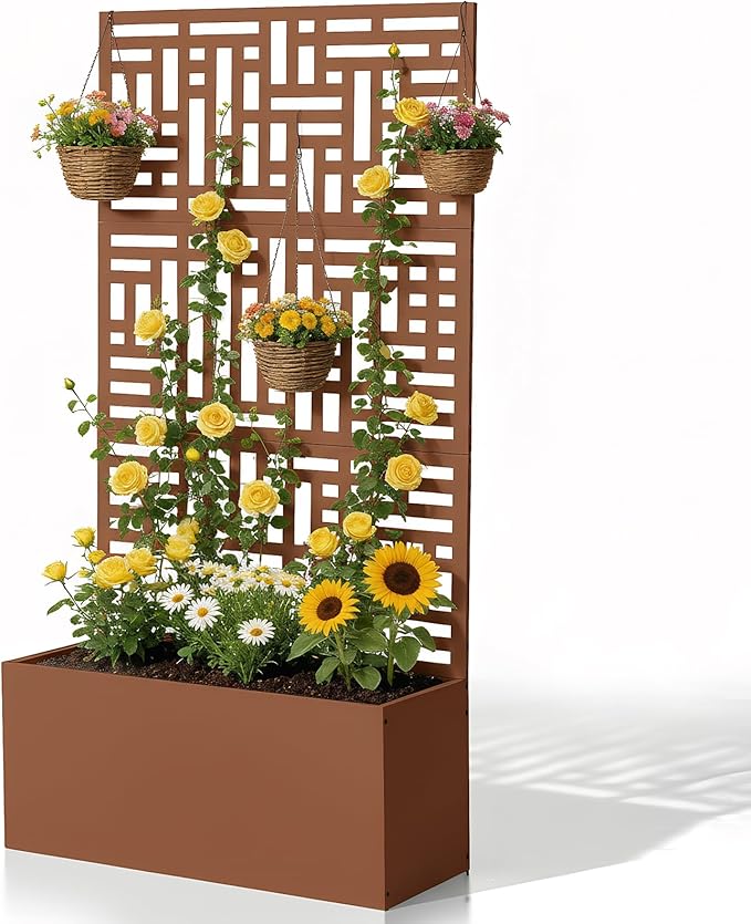 Outvita Metal Planter Box with Trellis, 71’’ x 36’’ x 16’’ Raised Garden Bed with Drainage Holes for Climbing Plants, Vegetables, Vines, Privacy Planters for Patio (Brown)