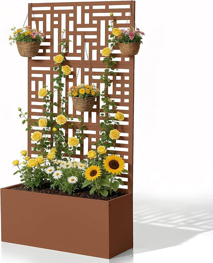 Outvita Metal Planter Box with Trellis, 71’’ x 36’’ x 16’’ Raised Garden Bed with Drainage Holes for Climbing Plants, Vegetables, Vines, Privacy Planters for Patio (Brown)