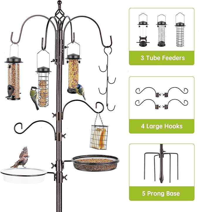 Bird Feeder Station with Suet Cage & Water Bowl Fruit Hook- Adjustable Pole, 6 Hanging Hooks for Wild Birds, Outdoor Garden Bird Feeding Kit